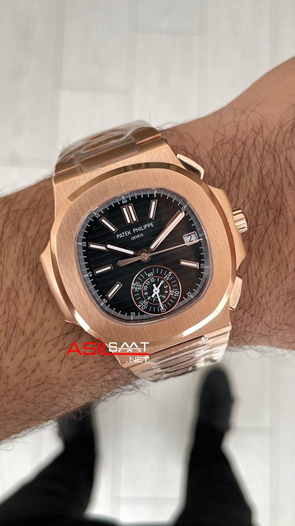 Patek Philippe Nautilus 5980 Chronograph Siyah Kadran Rose Super Clone Swiss ETA Saat GR Factory Patek Philippe Nautilus 5980 Chronograph Siyah Kadran Rose Super Clone Swiss ETA Saat GR Factory