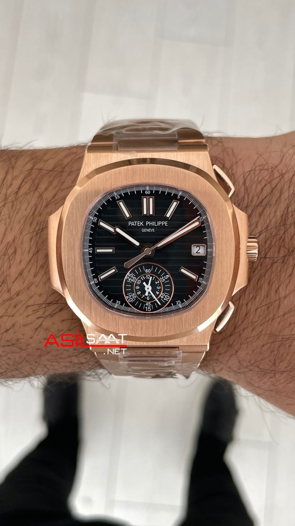 Patek Philippe Nautilus 5980 Chronograph Siyah Kadran Rose Super Clone Swiss ETA Saat GR Factory Patek Philippe Nautilus 5980 Chronograph Siyah Kadran Rose Super Clone Swiss ETA Saat GR Factory