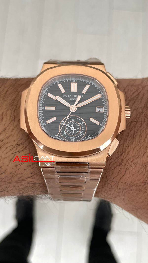 Patek Philippe Nautilus 5980 Chronograph Siyah Kadran Rose Super Clone Swiss ETA Saat GR Factory Patek Philippe Nautilus 5980 Chronograph Siyah Kadran Rose Super Clone Swiss ETA Saat GR Factory
