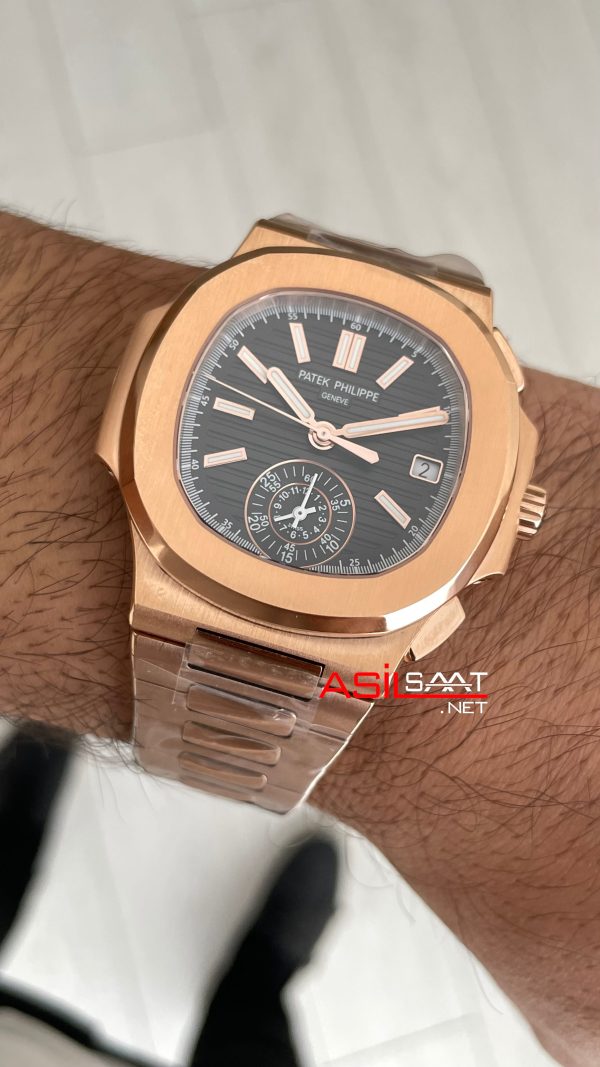 Patek Philippe Nautilus 5980 Chronograph Siyah Kadran Rose Super Clone Swiss ETA Saat GR Factory Patek Philippe Nautilus 5980 Chronograph Siyah Kadran Rose Super Clone Swiss ETA Saat GR Factory