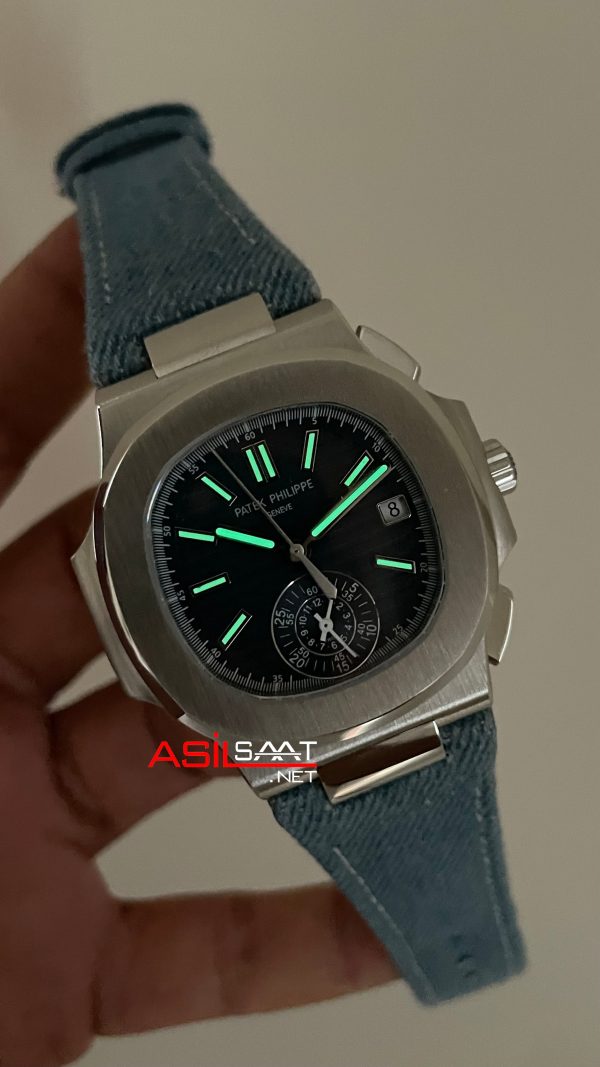 Patek Philippe Nautilus 5980 Denim Flyback Chronograph Mavi Kadran Silver Super Clone Swiss ETA Saat GR Factory