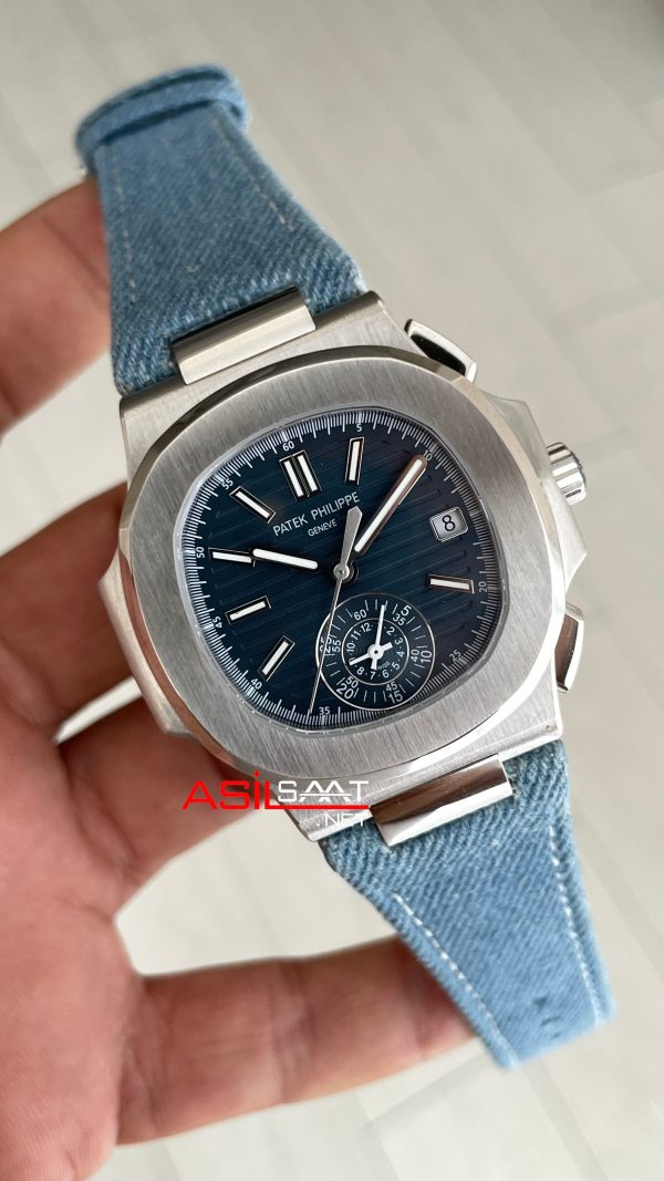 Patek Philippe Nautilus 5980 Denim Flyback Chronograph Mavi Kadran Silver Super Clone Swiss ETA Saat GR Factory