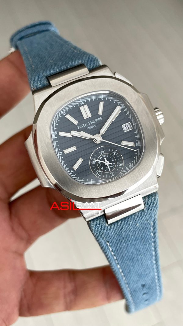 Patek Philippe Nautilus 5980 Denim Flyback Chronograph Mavi Kadran Silver Super Clone Swiss ETA Saat GR Factory
