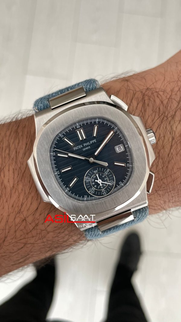 Patek Philippe Nautilus 5980 Denim Flyback Chronograph Mavi Kadran Silver Super Clone Swiss ETA Saat GR Factory