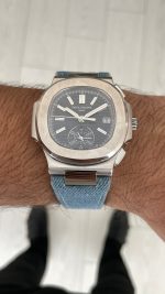 Patek Philippe Nautilus 5980 Denim Flyback Chronograph Mavi Kadran Silver Super Clone Swiss ETA Saat GR Factory