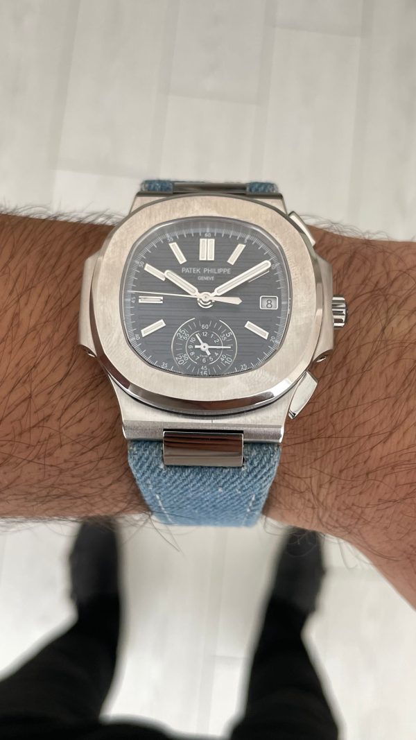 Patek Philippe Nautilus 5980 Denim Flyback Chronograph Mavi Kadran Silver Super Clone Swiss ETA Saat GR Factory