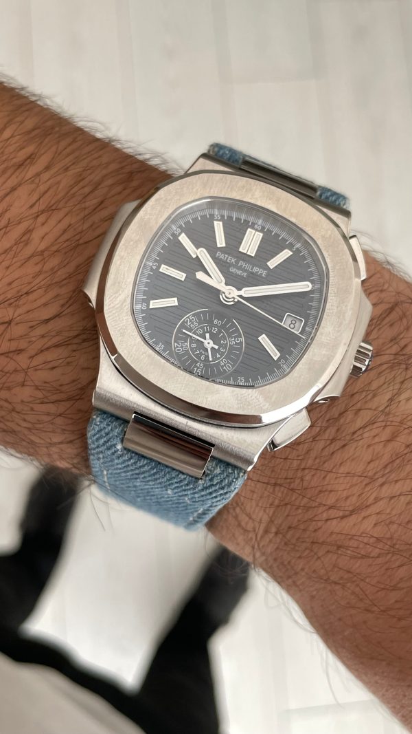 Patek Philippe Nautilus 5980 Denim Flyback Chronograph Mavi Kadran Silver Super Clone Swiss ETA Saat GR Factory