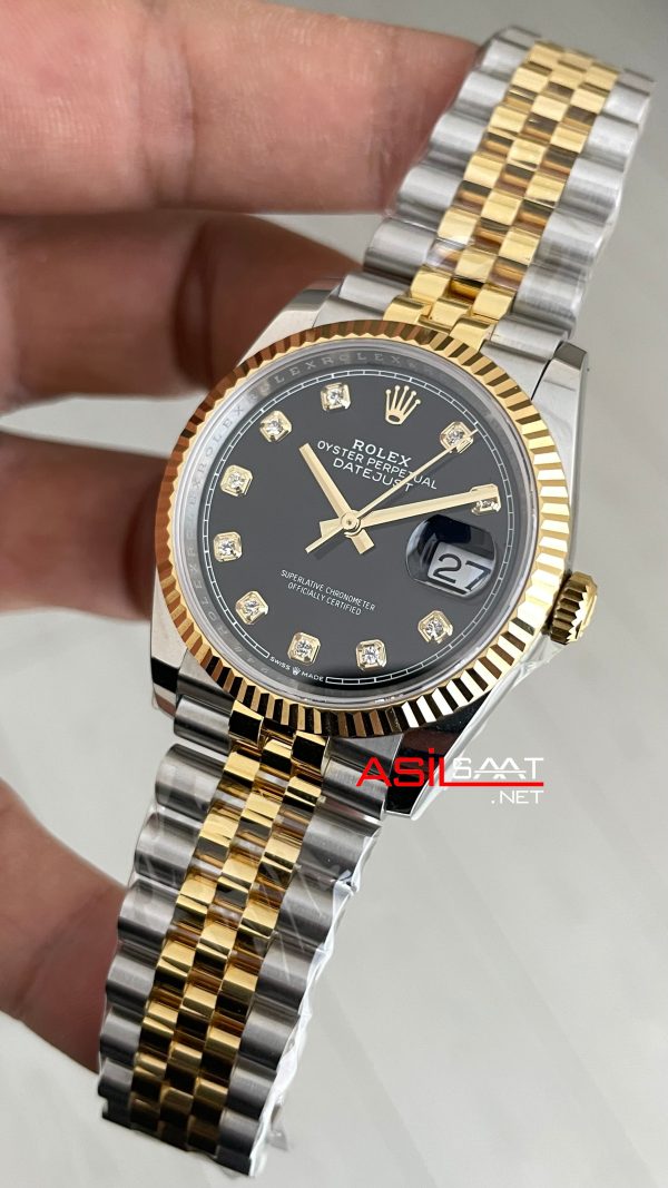 Rolex Datejust Siyah Taşlı 126333 Jubilee Black Diamond Dial Two Tone Gold 36mm Super Clone Swiss ETA Saat AR Factory