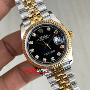 Rolex Datejust Siyah Taşlı 126333 Jubilee Black Diamond Dial Two Tone Gold 36mm Super Clone Swiss ETA Saat AR Factory