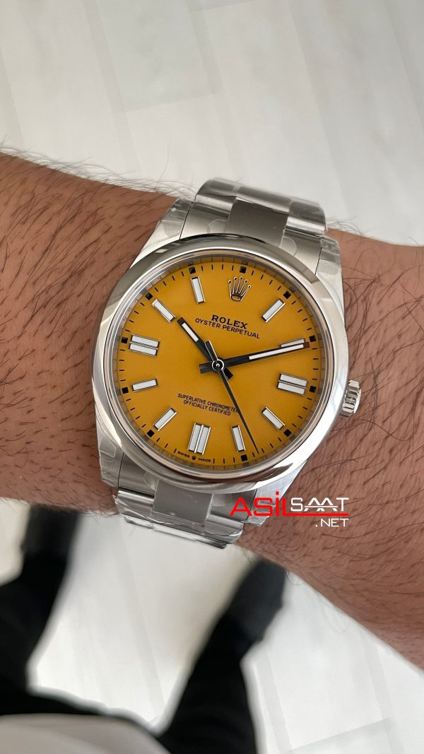 Rolex Oyster Perpetual Sarı 124300 Mustard Yellow Dial 41mm 3230 Super Clone ETA Swiss VS Factory