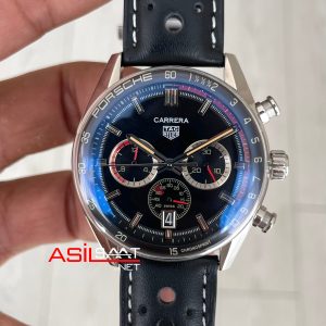 TAG Heuer Porsche Carrera Chronograph Siyah Deri 40mm Silver Replika Saat
