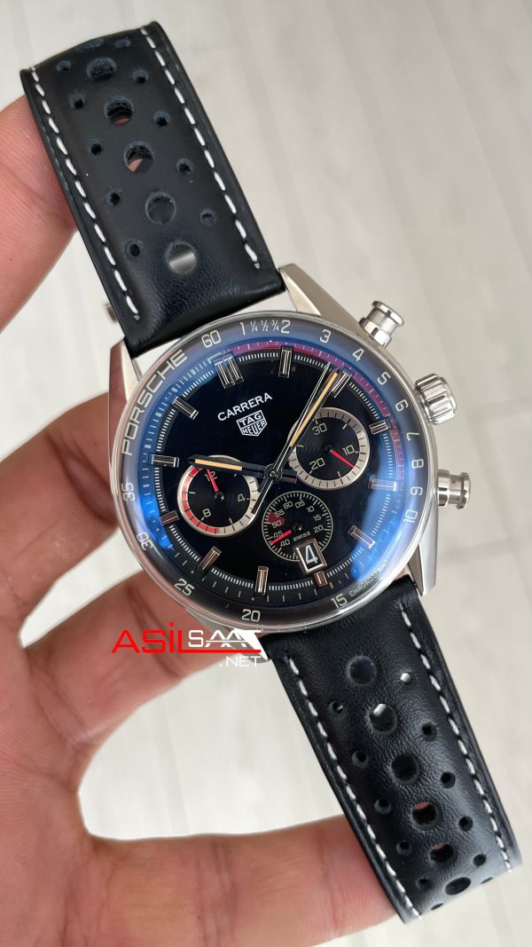 TAG Heuer Porsche Carrera Chronograph Siyah Deri 40mm Silver Replika Saat TAG Heuer Porsche Carrera Chronograph Siyah Deri 40mm Silver Replika Saat