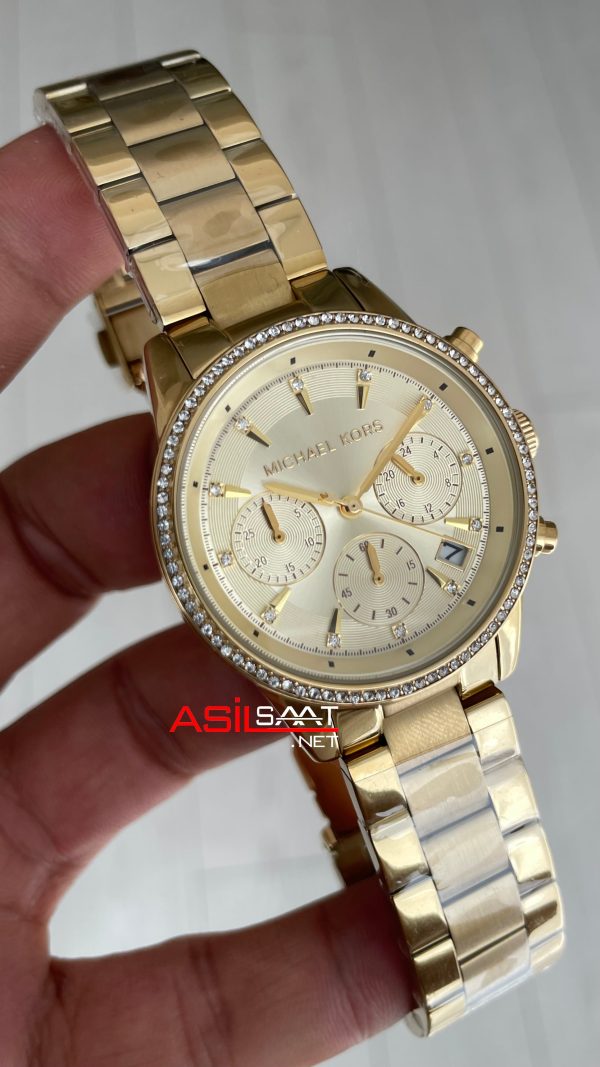 Michael Kors Ritz MK6356 Gold Champagne 37mm Taşlı Bezel Kadın Kol Saati Michael Kors Ritz MK6356 Gold Champagne 37mm Taşlı Bezel Kadın Kol Saati