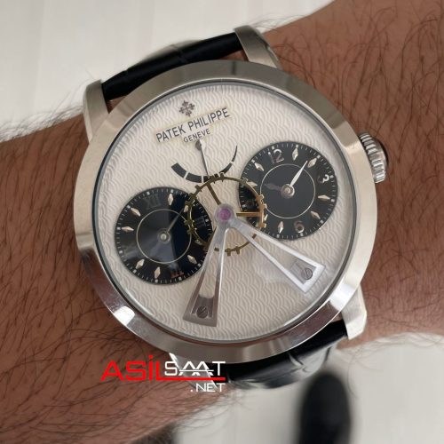 Patek Philippe Geneve Dual Time 40mm Silver Beyaz Kadran Replika Saat