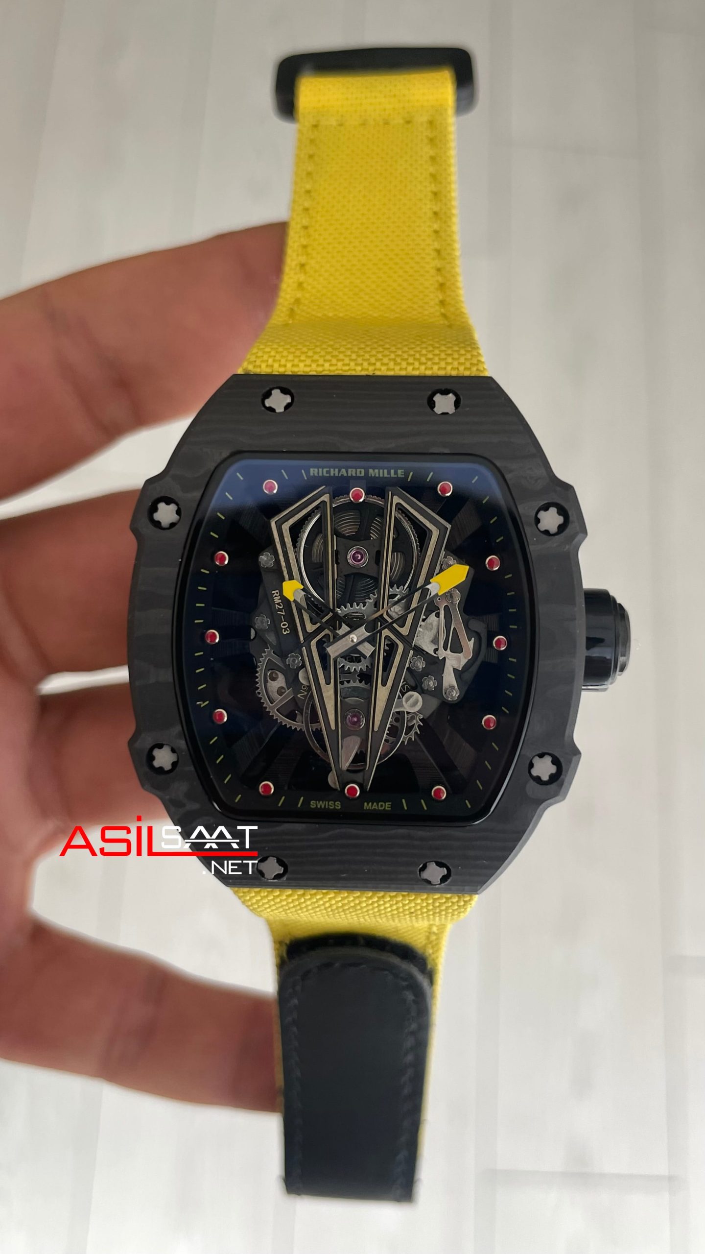 Richard Mille Rafael Nadal RM27-03 Tourbillon NTPT Carbon Sarı Swiss ETA Saat KU Factory Richard Mille Rafael Nadal RM27-03 Tourbillon NTPT Carbon Sarı Swiss ETA Saat KU Factory