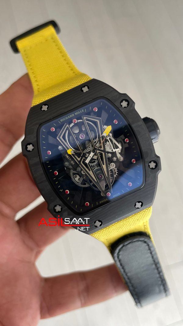 Richard Mille Rafael Nadal RM27-03 Tourbillon NTPT Carbon Sarı Swiss ETA Saat KU Factory Richard Mille Rafael Nadal RM27-03 Tourbillon NTPT Carbon Sarı Swiss ETA Saat KU Factory