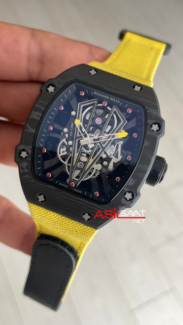 Richard Mille Rafael Nadal RM27-03 Tourbillon NTPT Carbon Sarı Swiss ETA Saat KU Factory Richard Mille Rafael Nadal RM27-03 Tourbillon NTPT Carbon Sarı Swiss ETA Saat KU Factory