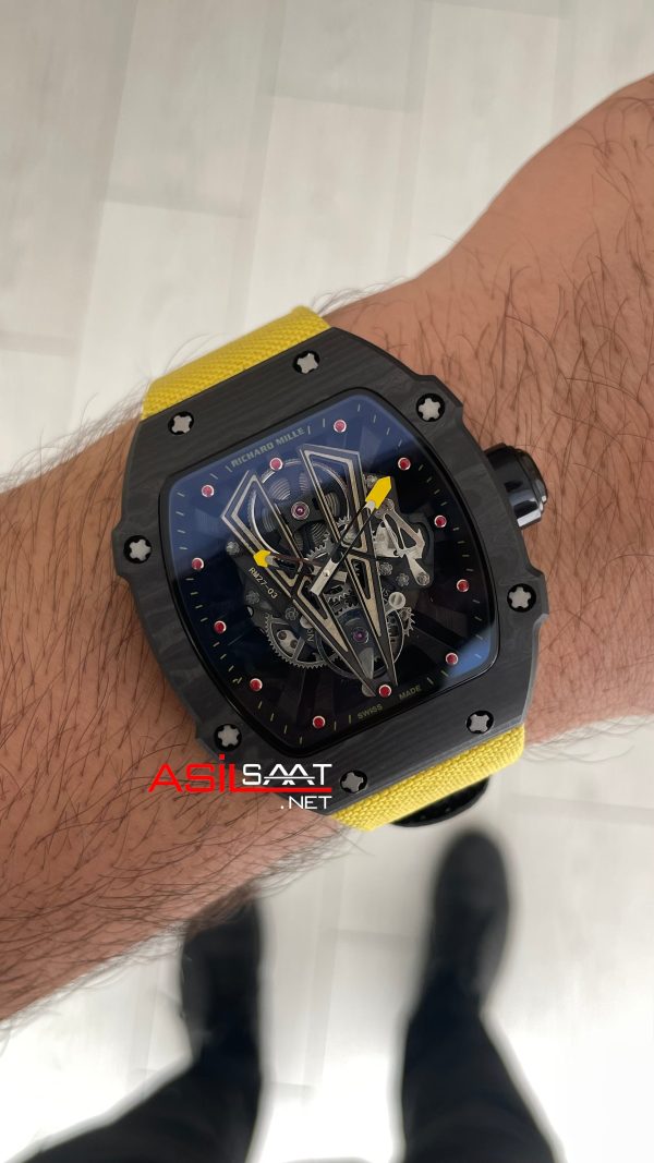 Richard Mille Rafael Nadal RM27-03 Tourbillon NTPT Carbon Sarı Swiss ETA Saat KU Factory Richard Mille Rafael Nadal RM27-03 Tourbillon NTPT Carbon Sarı Swiss ETA Saat KU Factory