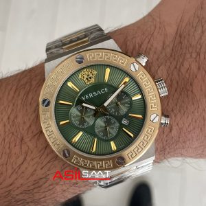 Versace Greca Chronograph Yeşil Kadran 43mm Two Tone Gold Replika Saat