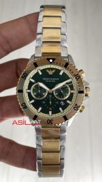Emporio Armani Diver Chronograph AR11586 Yeşil Kadran 43mm Two Tone Gold Replika Saat