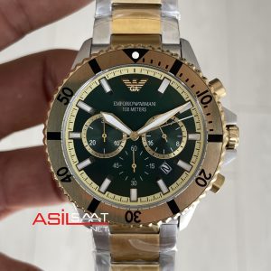 Emporio Armani Diver Chronograph AR11586 Yeşil Kadran 43mm Two Tone Gold Replika Saat