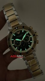 Emporio Armani Diver Chronograph AR11586 Yeşil Kadran 43mm Two Tone Gold Replika Saat