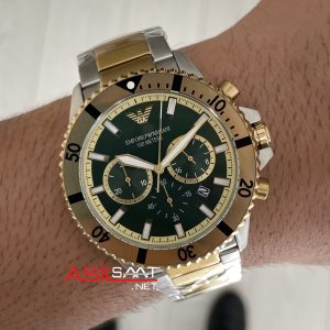 Emporio Armani Diver Chronograph AR11586 Yeşil Kadran 43mm Two Tone Gold Replika Saat