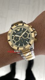 Emporio Armani Diver Chronograph AR11586 Yeşil Kadran 43mm Two Tone Gold Replika Saat