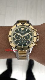 Emporio Armani Diver Chronograph AR11586 Yeşil Kadran 43mm Two Tone Gold Replika Saat