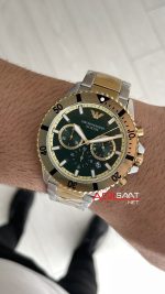 Emporio Armani Diver Chronograph AR11586 Yeşil Kadran 43mm Two Tone Gold Replika Saat