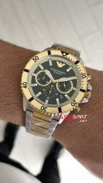 Emporio Armani Diver Chronograph AR11586 Yeşil Kadran 43mm Two Tone Gold Replika Saat