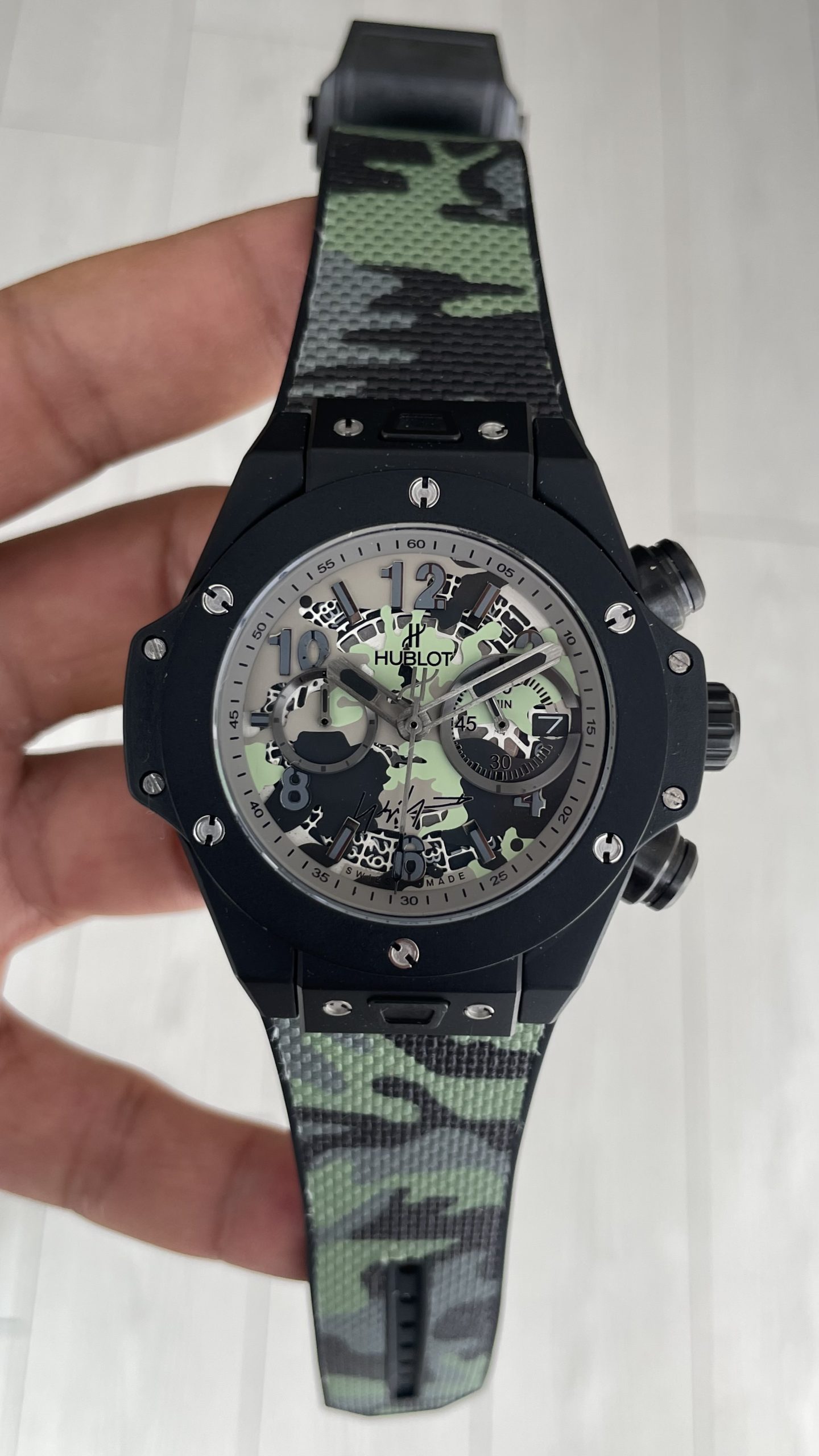 Hublot Big Bang Unico Camo Yohji Yamamoto Chronograph 45mm Yeşil Kadran Black PVD Replika Saat Hublot Big Bang Unico Camo Yohji Yamamoto Chronograph 45mm Yeşil Kadran Black PVD Replika Saat