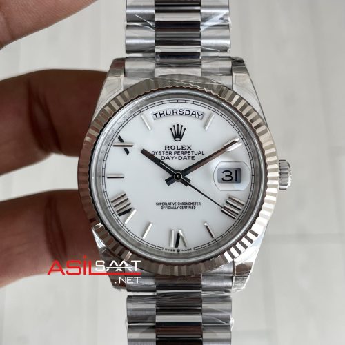 Rolex Day Date Beyaz Kadran 228239 White Roman Dial 40mm President DD3255 Tungsten VS Factory V2 High Weight Super Clone Swiss ETA Saat