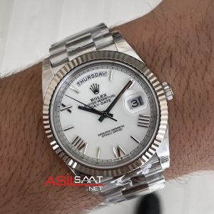 Rolex Day Date Beyaz Kadran 228239 White Roman Dial 40mm President DD3255 Tungsten VS Factory V2 High Weight Super Clone Swiss ETA Saat