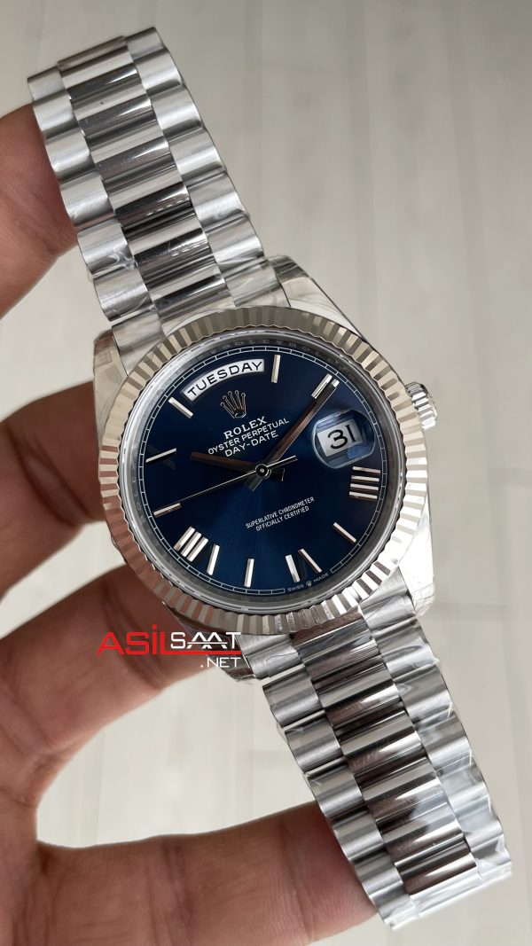 Rolex Day Date Mavi 228239 Blue Roman Dial 40mm President DD3255 Tungsten VS Factory V2 High Weight 183gr Super Clone Swiss ETA Saat