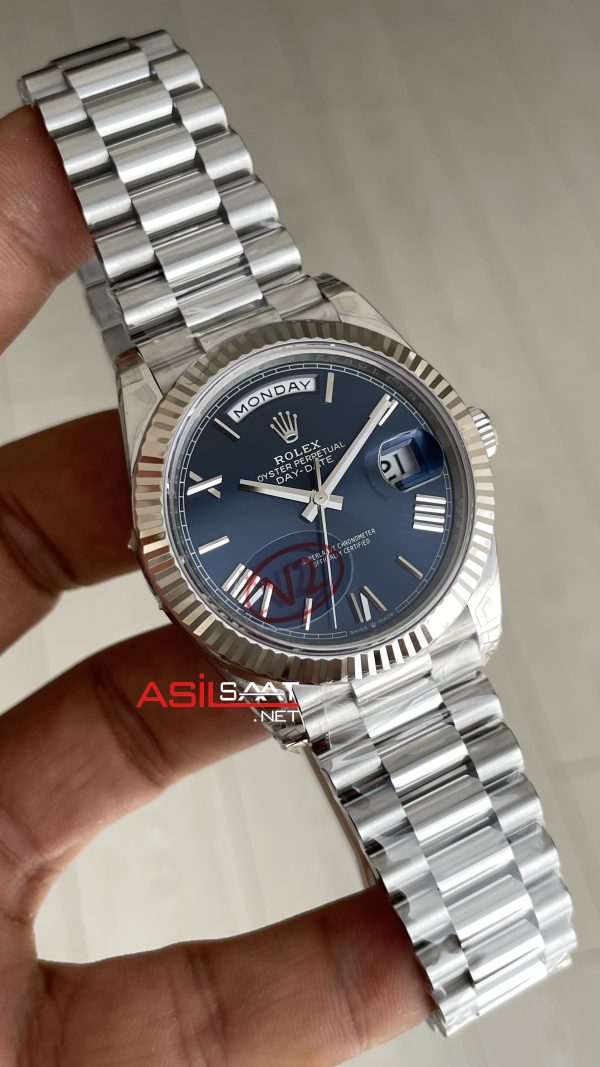 Rolex Day Date Mavi 228239 Blue Roman Dial 40mm President DD3255 Tungsten VS Factory V2 High Weight 183gr Super Clone Swiss ETA Saat