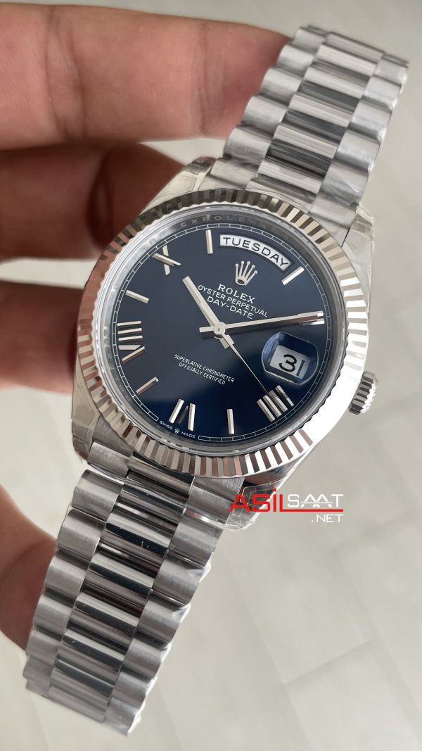 Rolex Day Date Mavi 228239 Blue Roman Dial 40mm President DD3255 Tungsten VS Factory V2 High Weight 183gr Super Clone Swiss ETA Saat