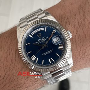 Rolex Day Date Mavi 228239 Blue Roman Dial 40mm President DD3255 Tungsten VS Factory V2 High Weight 183gr Super Clone Swiss ETA Saat