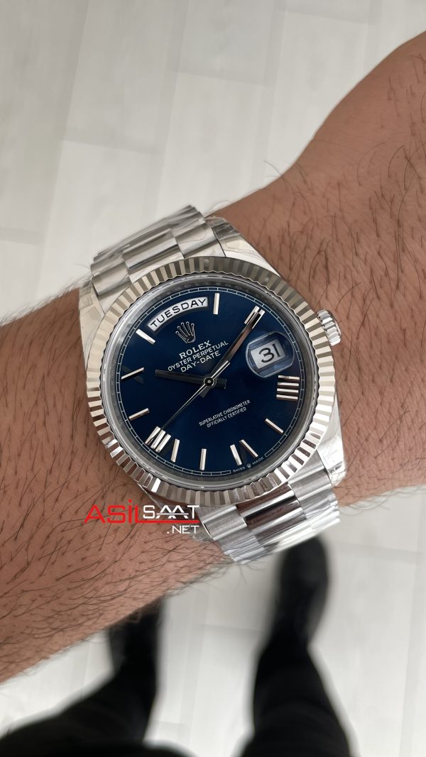 Rolex Day Date Mavi 228239 Blue Roman Dial 40mm President DD3255 Tungsten VS Factory V2 High Weight 183gr Super Clone Swiss ETA Saat