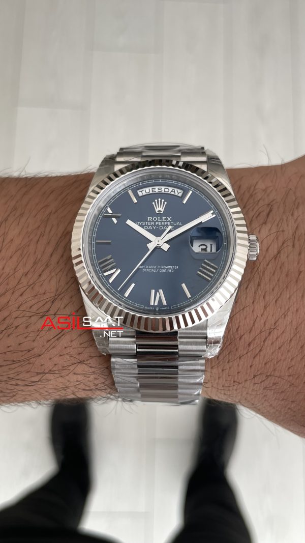 Rolex Day Date Mavi 228239 Blue Roman Dial 40mm President DD3255 Tungsten VS Factory V2 High Weight 183gr Super Clone Swiss ETA Saat