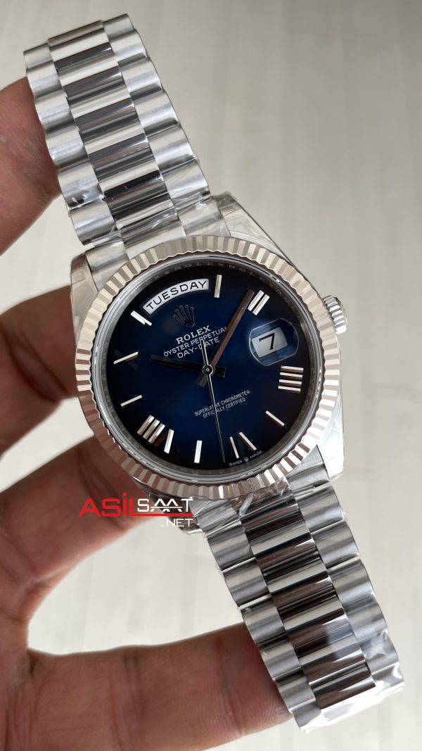 Rolex Day Date Ombre Blue 228239 Gölgeli Mavi Kadran 40mm President DD3255 Tungsten VS Factory V2 High Weight 183gr Super Clone Swiss ETA Saat