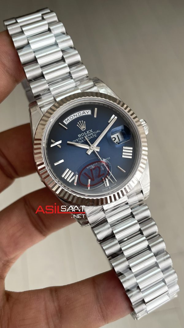 Rolex Day Date Ombre Blue 228239 Gölgeli Mavi Kadran 40mm President DD3255 Tungsten VS Factory V2 High Weight 183gr Super Clone Swiss ETA Saat