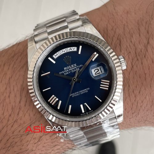 Rolex Day Date Ombre Blue 228239 Gölgeli Mavi Kadran 40mm President DD3255 Tungsten VS Factory V2 High Weight 183gr Super Clone Swiss ETA Saat