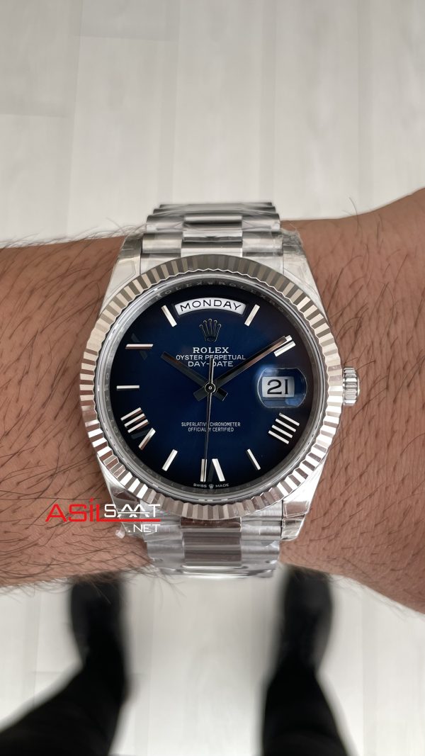 Rolex Day Date Ombre Blue 228239 Gölgeli Mavi Kadran 40mm President DD3255 Tungsten VS Factory V2 High Weight 183gr Super Clone Swiss ETA Saat