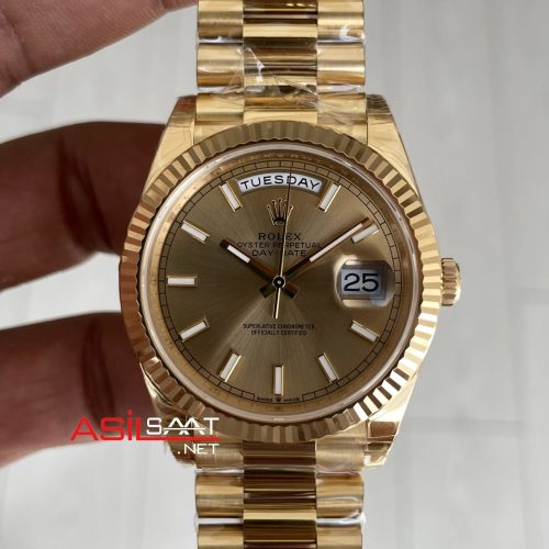 Rolex Day Date Şampanya 228238 Champagne Dial 40mm President Gold DD3255 Tungsten VS Factory V2 Super Clone Swiss ETA Saat