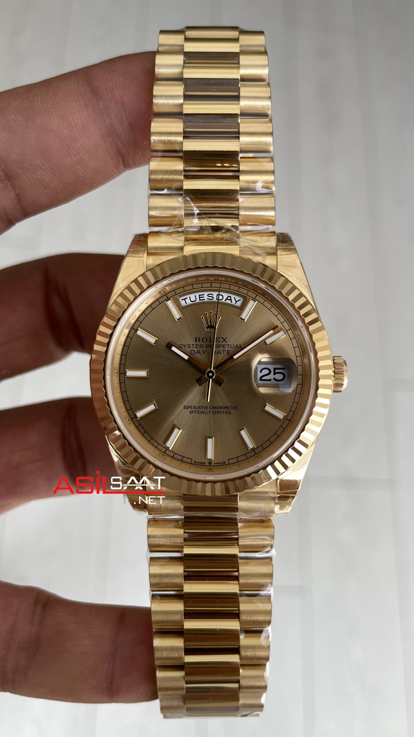 Rolex Day Date Şampanya 228238 Champagne Dial 40mm President Gold DD3255 Tungsten VS Factory V2 Super Clone Swiss ETA Saat