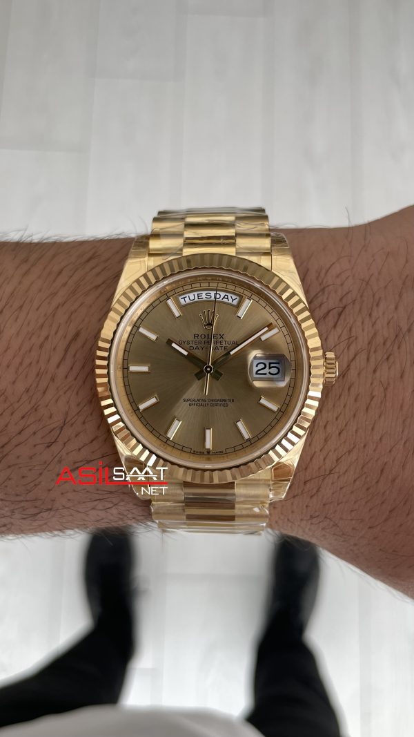 Rolex Day Date Şampanya 228238 Champagne Dial 40mm President Gold DD3255 Tungsten VS Factory V2 Super Clone Swiss ETA Saat