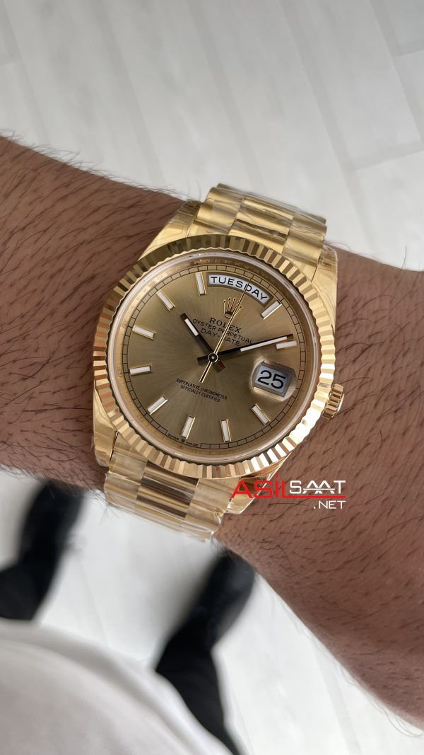 Rolex Day Date Şampanya 228238 Champagne Dial 40mm President Gold DD3255 Tungsten VS Factory V2 Super Clone Swiss ETA Saat