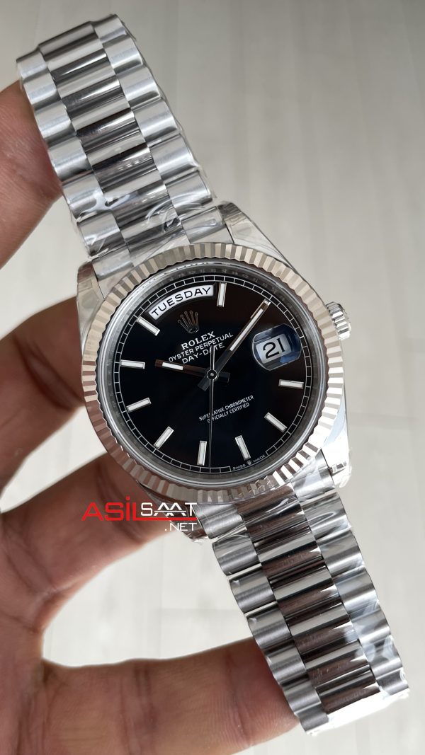 Rolex Day Date Siyah Kadran 228239 Bright Black Dial 40mm President DD3255 Tungsten VS Factory V2 High 183gr Weight Super Clone Swiss ETA Saat