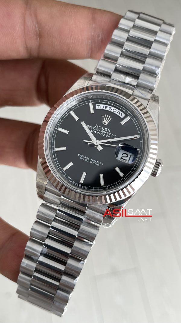 Rolex Day Date Siyah Kadran 228239 Bright Black Dial 40mm President DD3255 Tungsten VS Factory V2 High 183gr Weight Super Clone Swiss ETA Saat